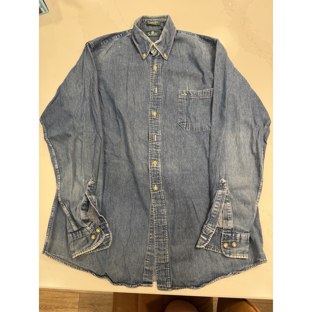 Surrey Denim Button Down Men 16 34/35 Blue Good Vintage Y2K Long Sleeve Shirt